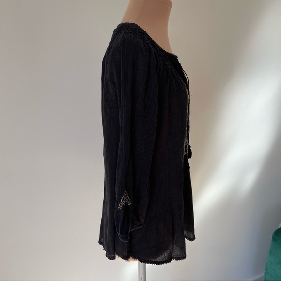Joie Caviar Black Cotton Peasant 3/4 Sleeve Tassel Neck Ynes Embroidery Blouse S - Picture 4 of 9